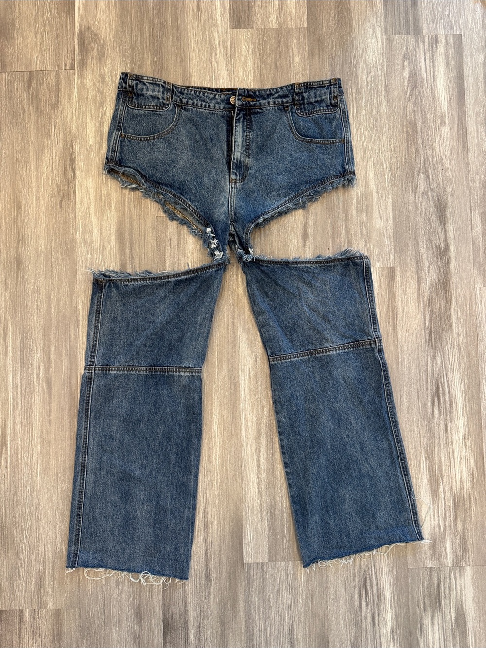 Telfar Dark Blue Distressed Cut-Out Wide Leg Jeans chaps style